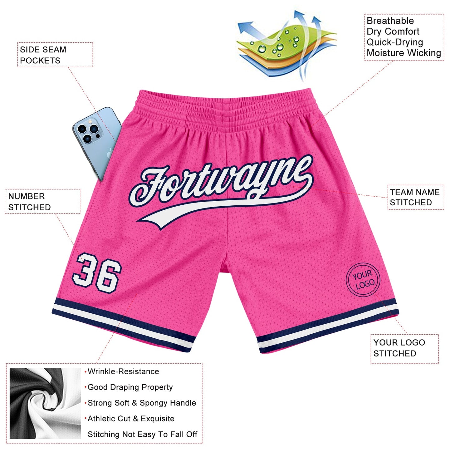 Custom Pink White-Navy Authentic Throwback Basketball Shorts view 2