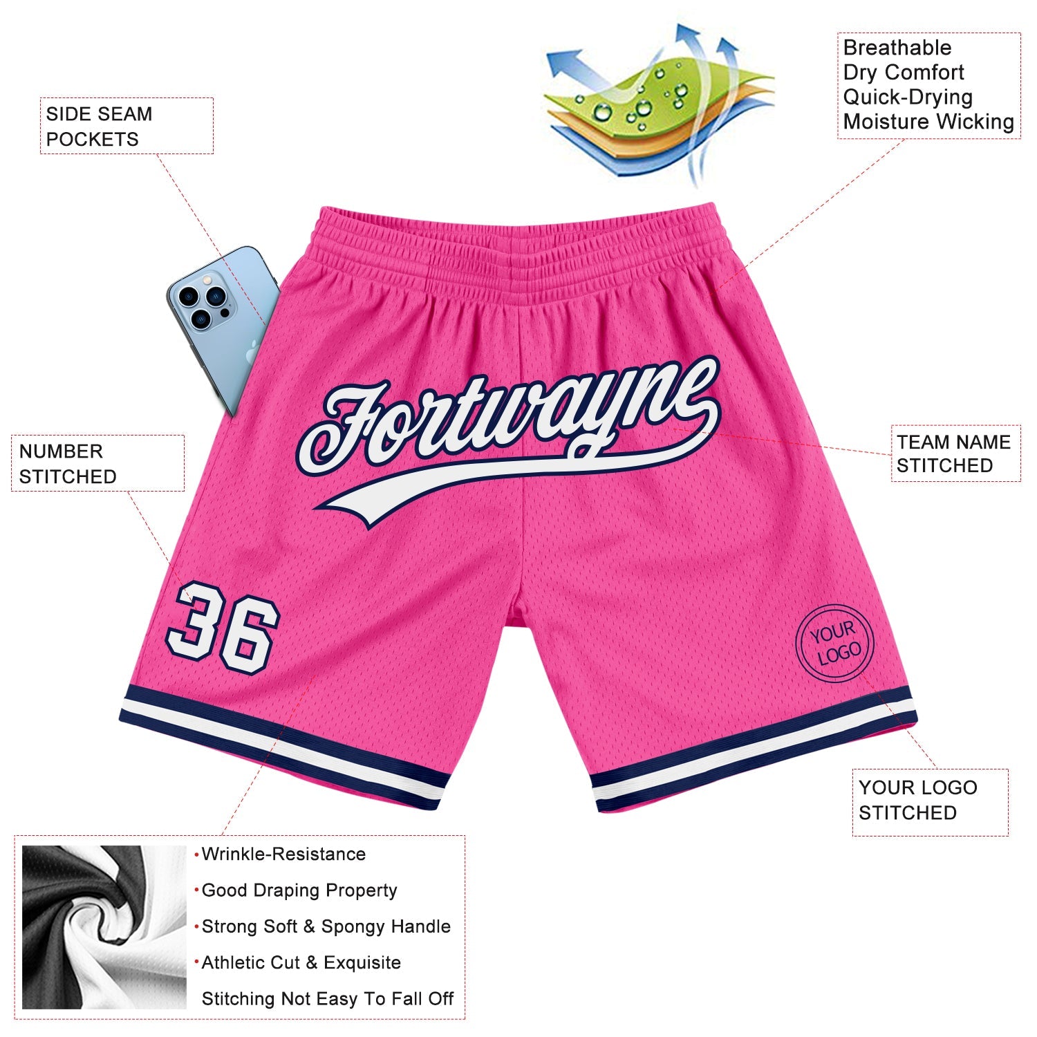 Custom Pink White-Navy Authentic Throwback Basketball Shorts view 2