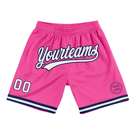 Custom Pink White-Navy Authentic Throwback Basketball Shorts - Main View