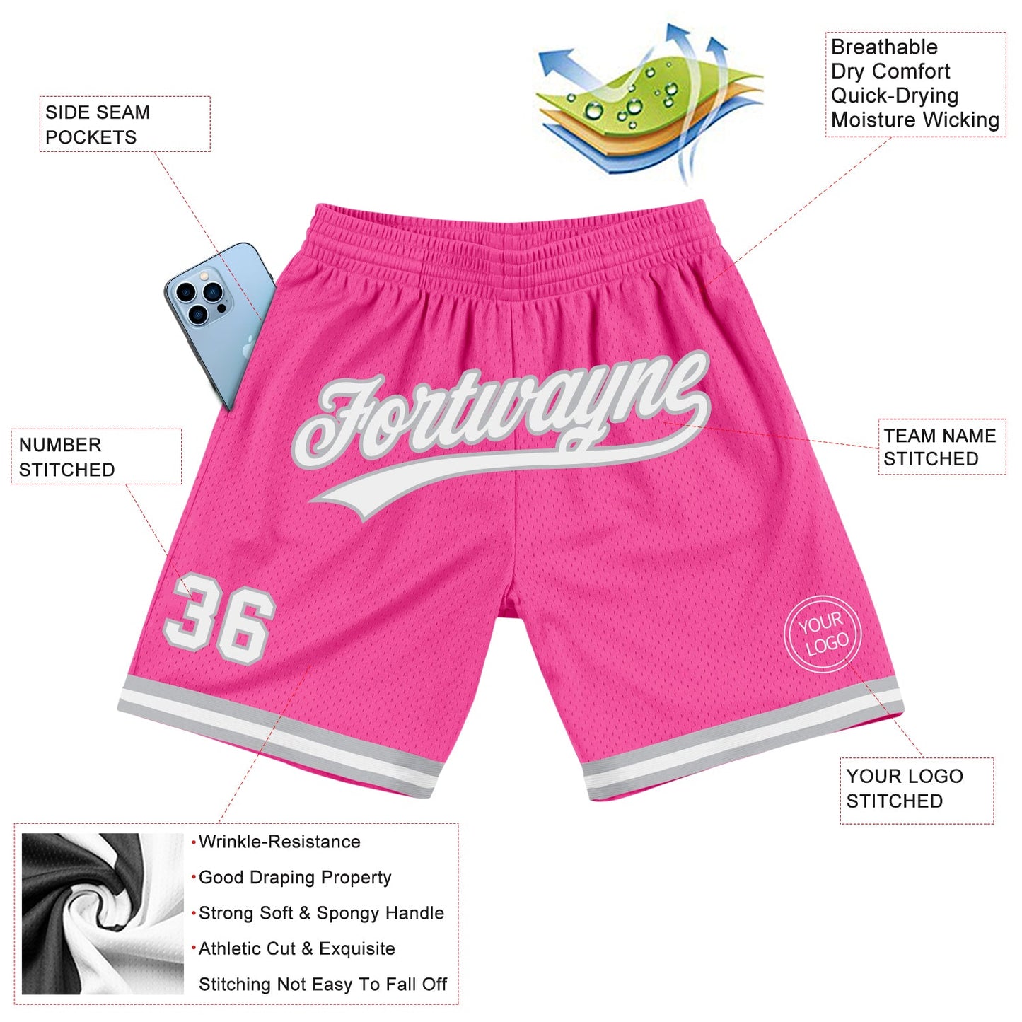 Custom Pink White-Gray Authentic Throwback Basketball Shorts view 2