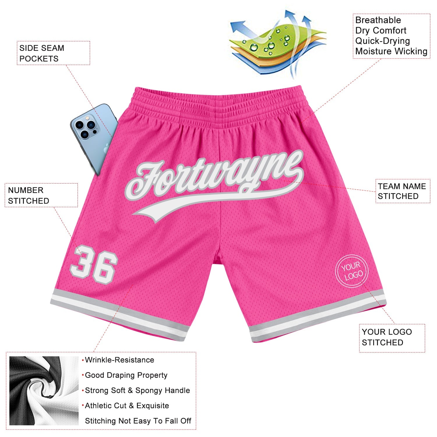 Custom Pink White-Gray Authentic Throwback Basketball Shorts view 2