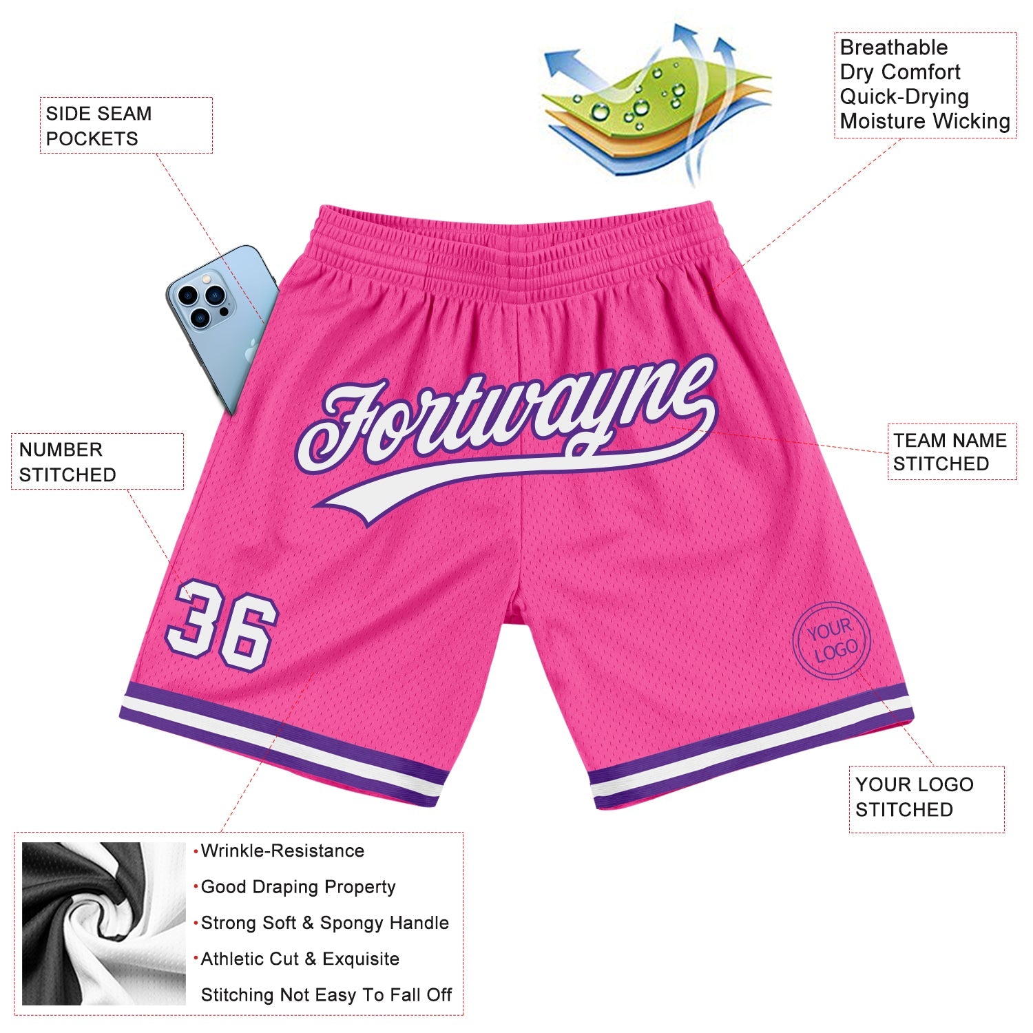 Custom Pink White-Purple Authentic Throwback Basketball Shorts view 2