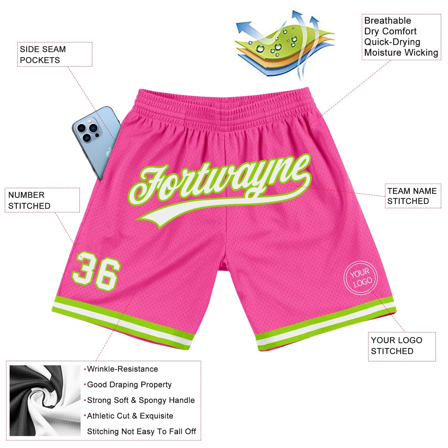 Custom Pink White-Neon Green Authentic Throwback Basketball Shorts view 2