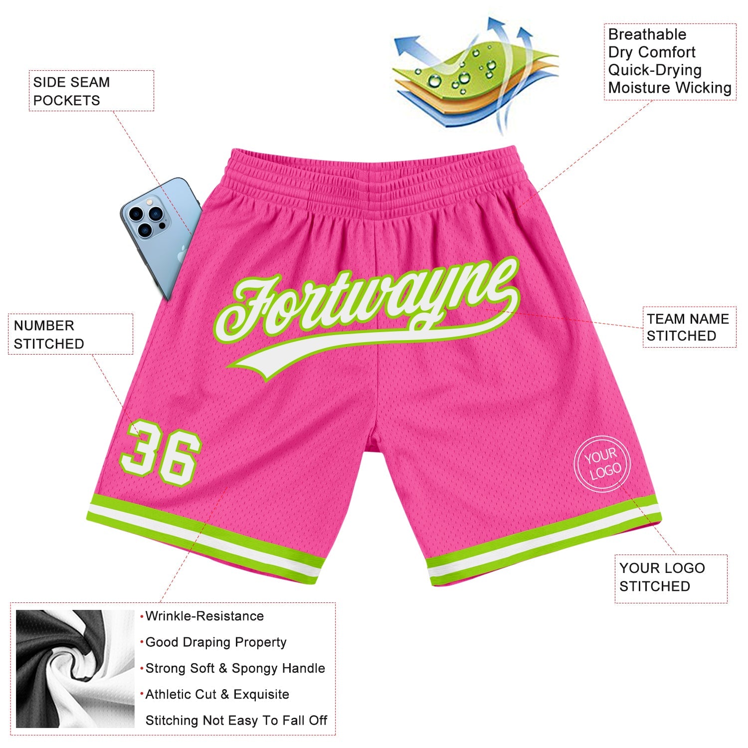 Custom Pink White-Neon Green Authentic Throwback Basketball Shorts view 2