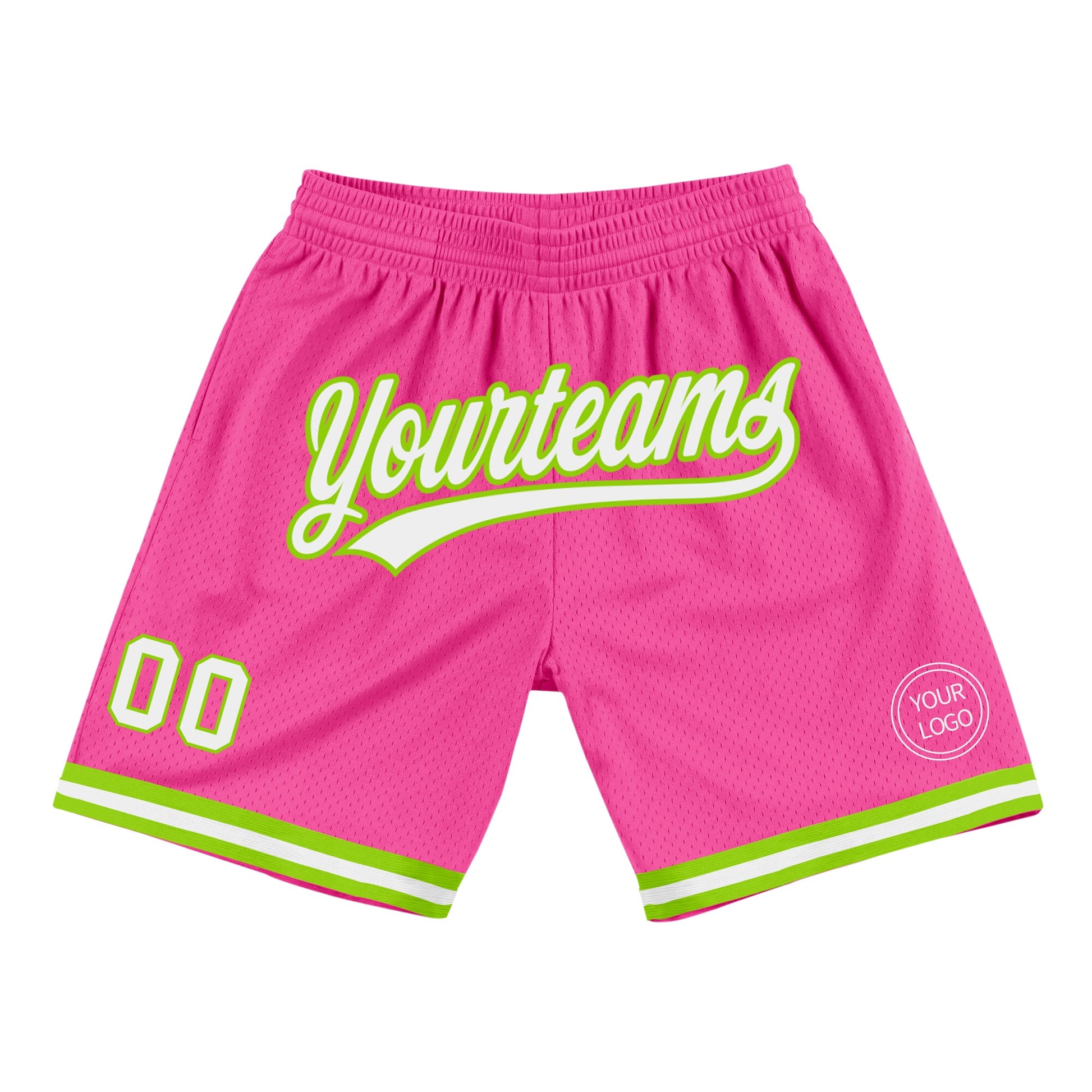 Custom Pink White-Neon Green Authentic Throwback Basketball Shorts - Main View