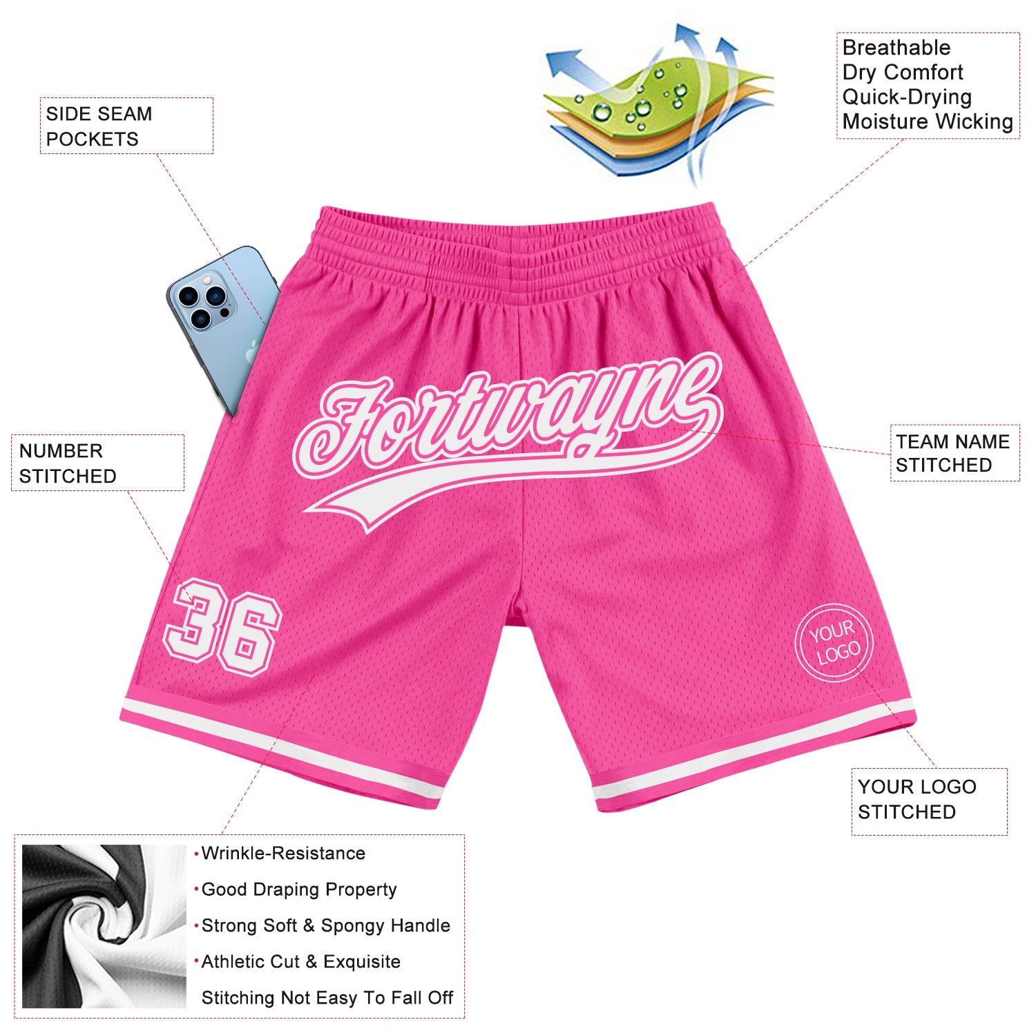 Custom Pink White Authentic Throwback Basketball Shorts view 2