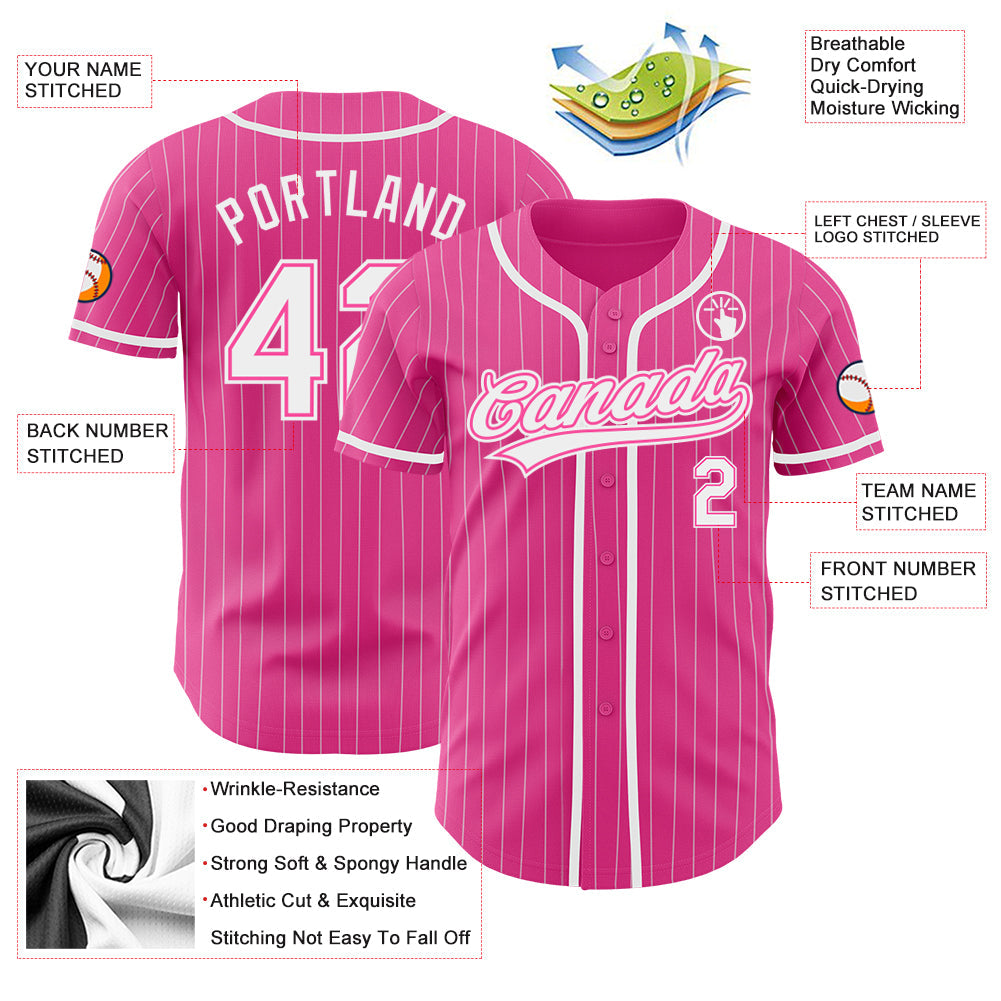 Custom Pink White Pinstripe White Authentic Baseball Jersey view 3