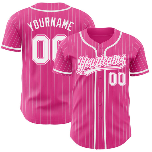 Custom Pink White Pinstripe White Authentic Baseball Jersey - Main View