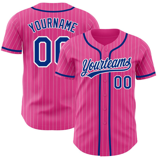 Custom Pink White Pinstripe Royal Authentic Baseball Jersey - Main View