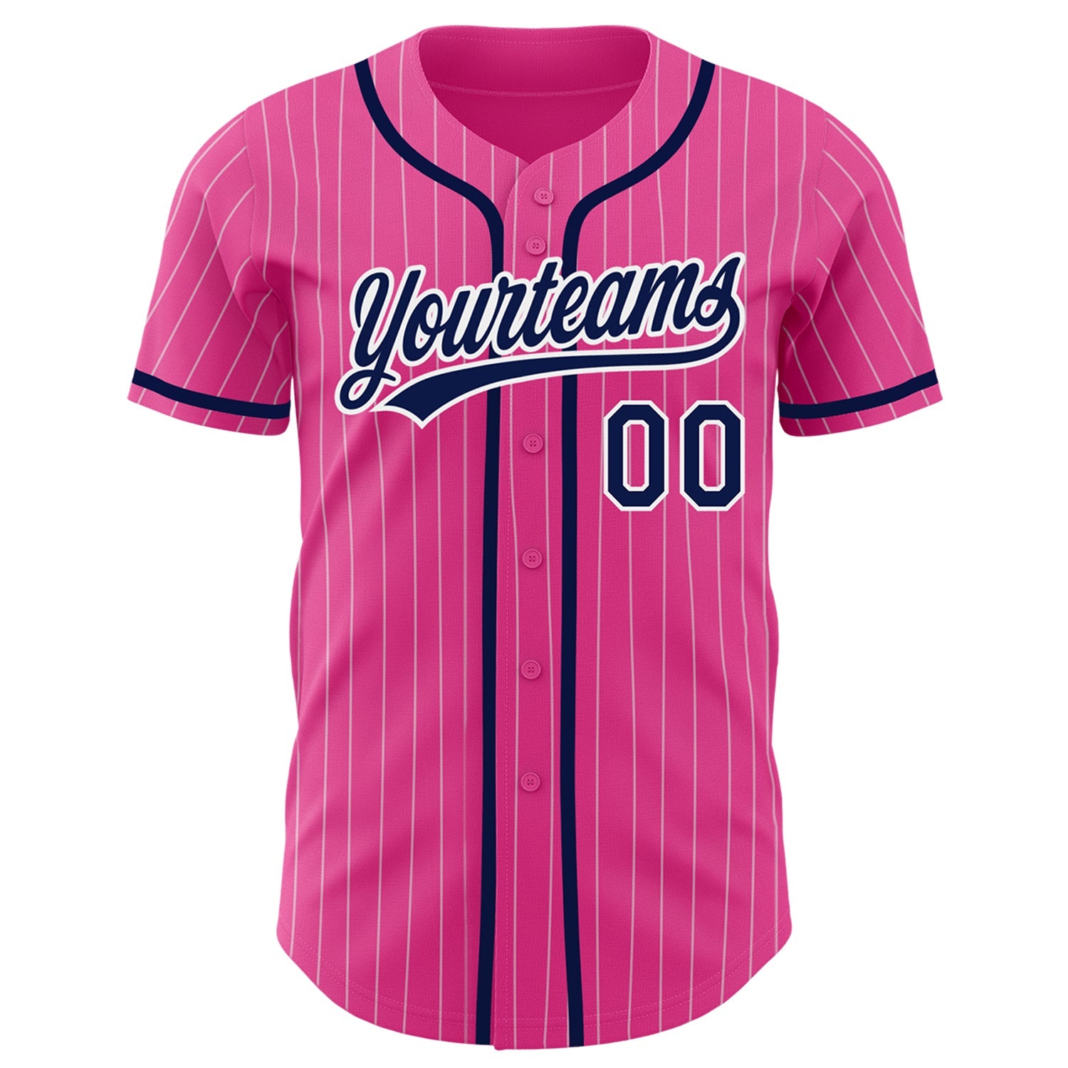 Custom Pink White Pinstripe Navy Authentic Baseball Jersey view 2