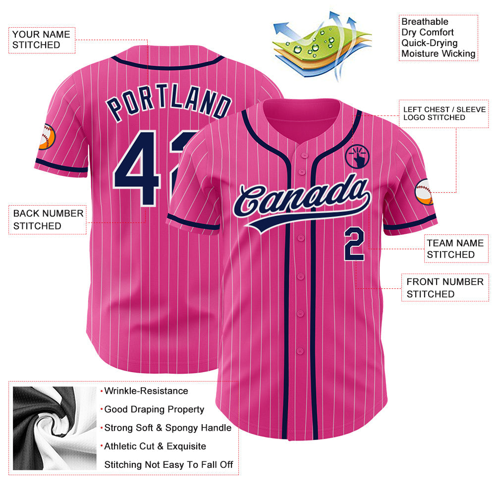 Custom Pink White Pinstripe Navy Authentic Baseball Jersey view 3