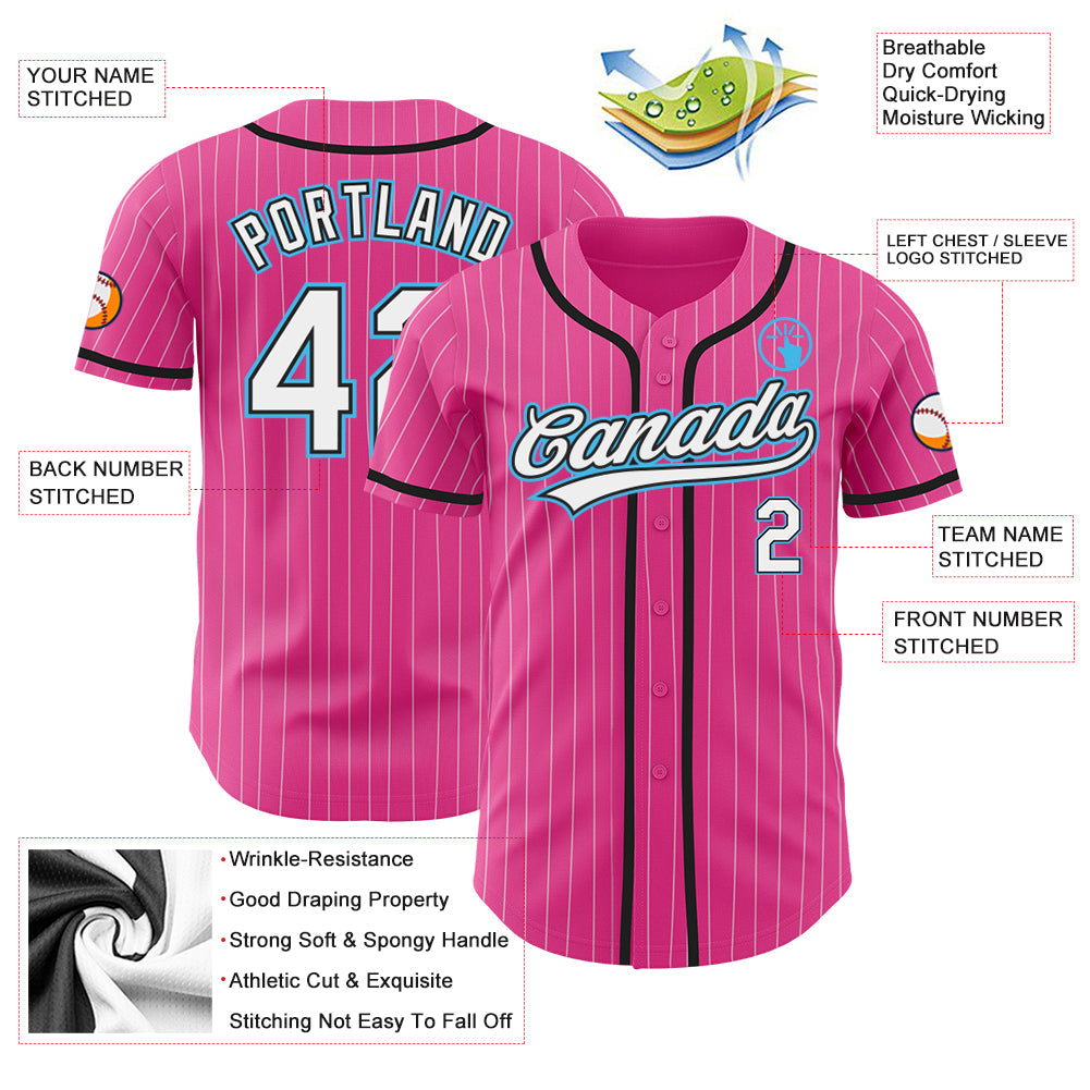 Custom Pink White Pinstripe Sky Blue Authentic Baseball Jersey view 3