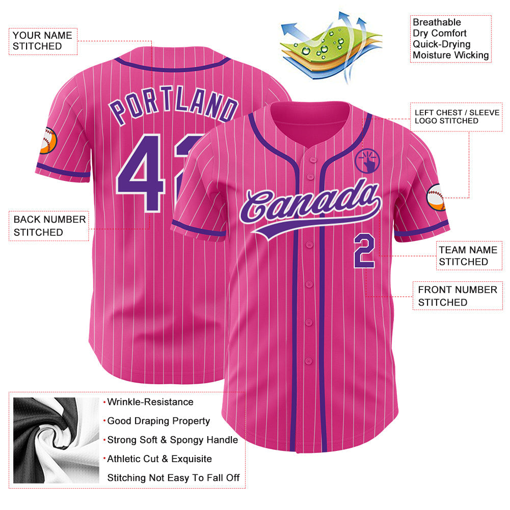Custom Pink White Pinstripe Purple Authentic Baseball Jersey view 3