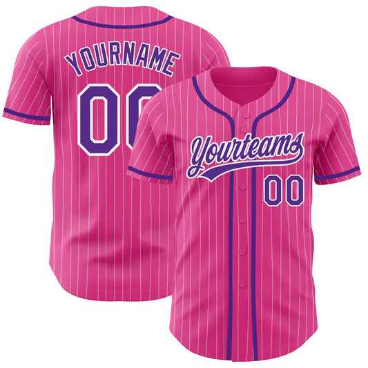 Custom Pink White Pinstripe Purple Authentic Baseball Jersey - Main View