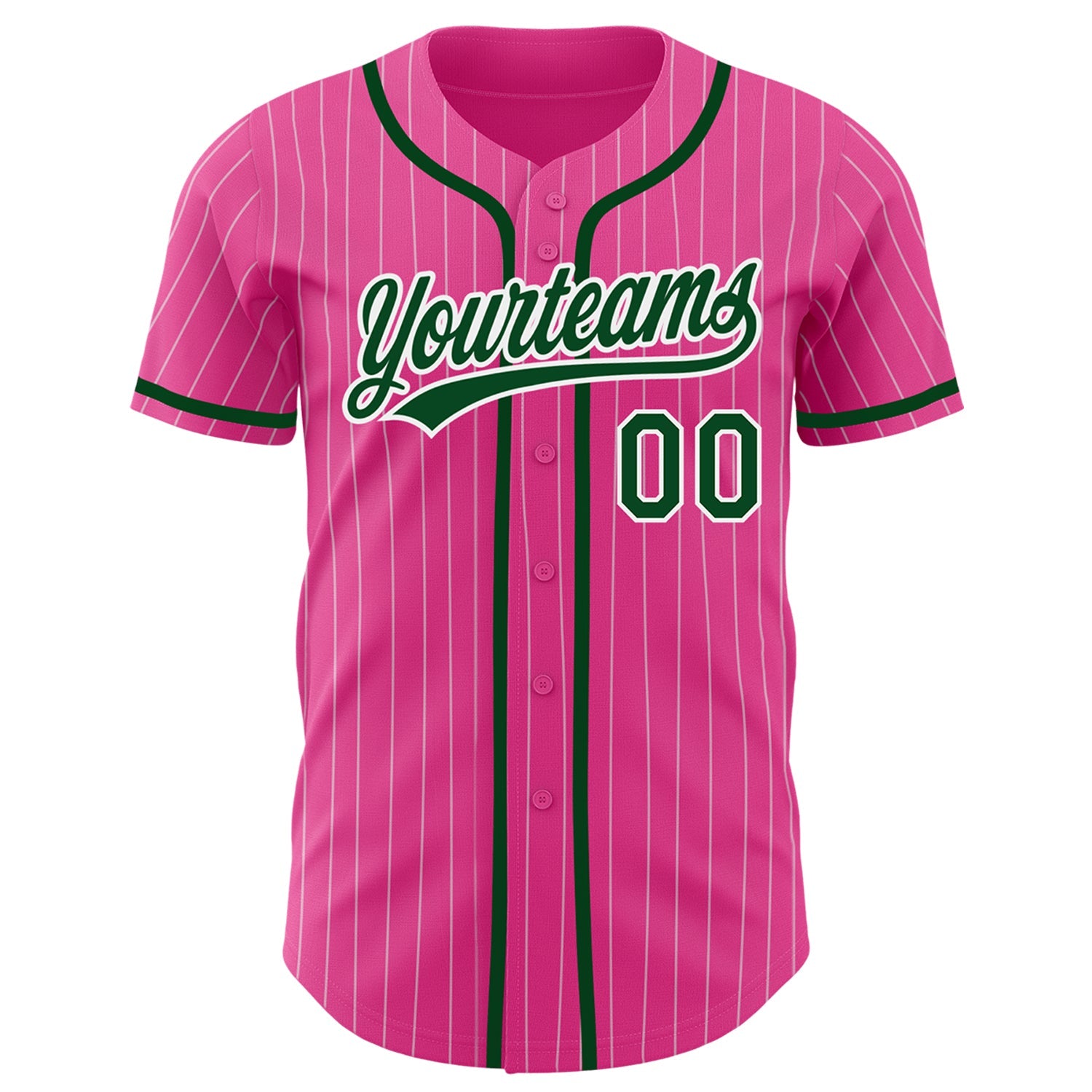 Custom Pink White Pinstripe Green Authentic Baseball Jersey view 2