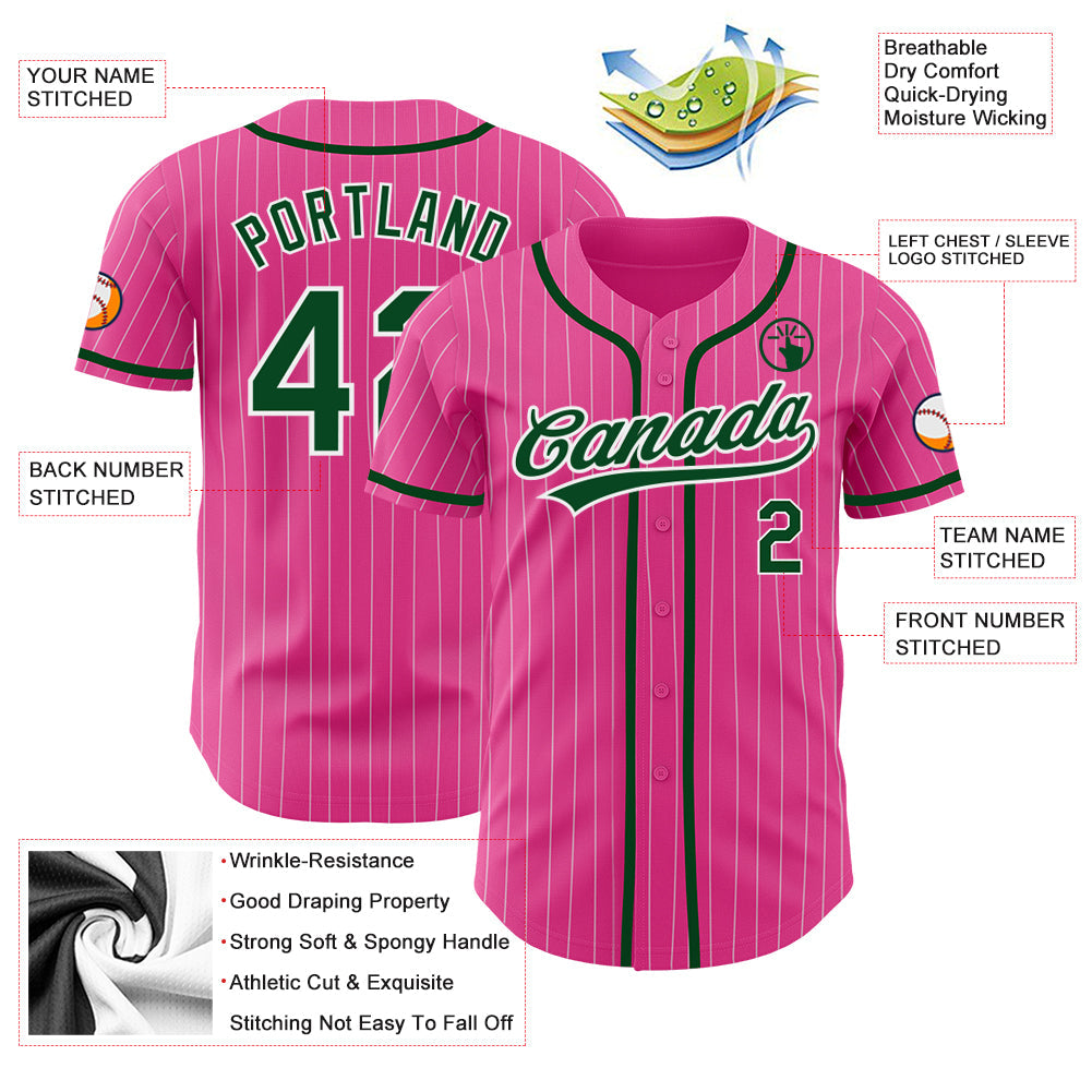 Custom Pink White Pinstripe Green Authentic Baseball Jersey view 3