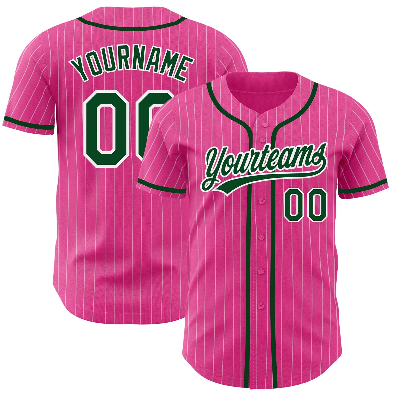 Custom Pink White Pinstripe Green Authentic Baseball Jersey - Main View