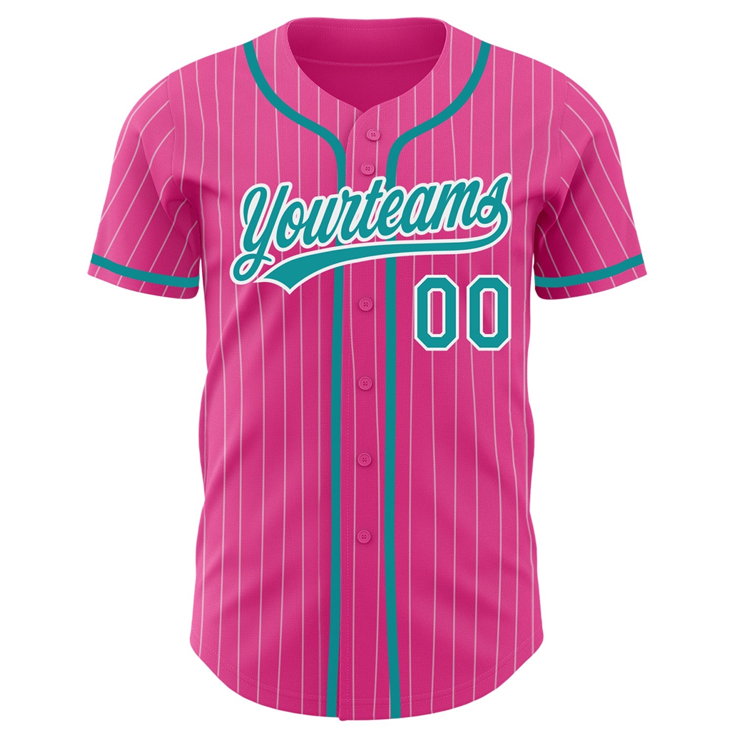Custom Pink White Pinstripe Teal Authentic Baseball Jersey view 2
