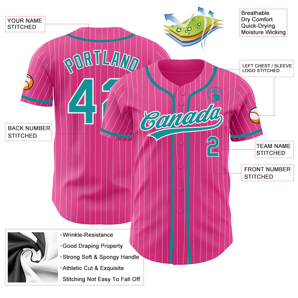 Custom Pink White Pinstripe Teal Authentic Baseball Jersey view 3