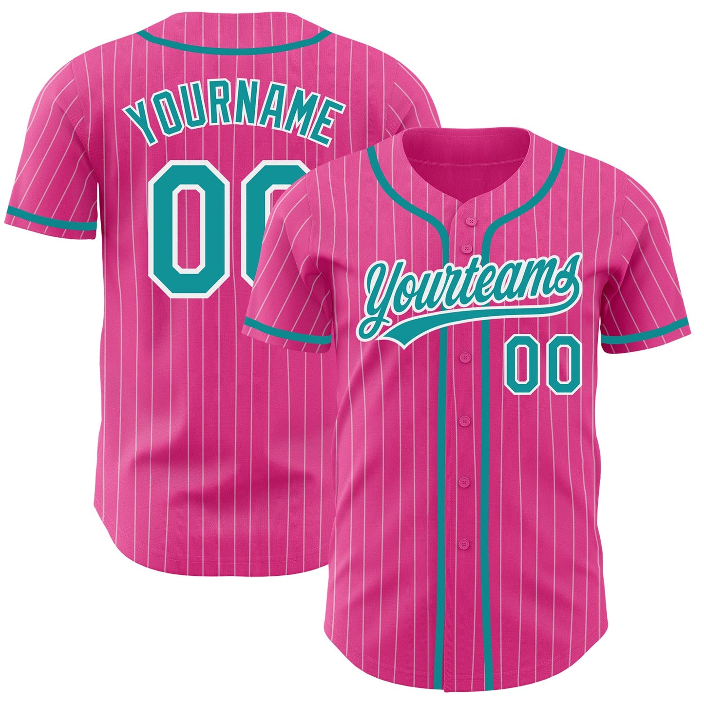 Custom Pink White Pinstripe Teal Authentic Baseball Jersey - Main View