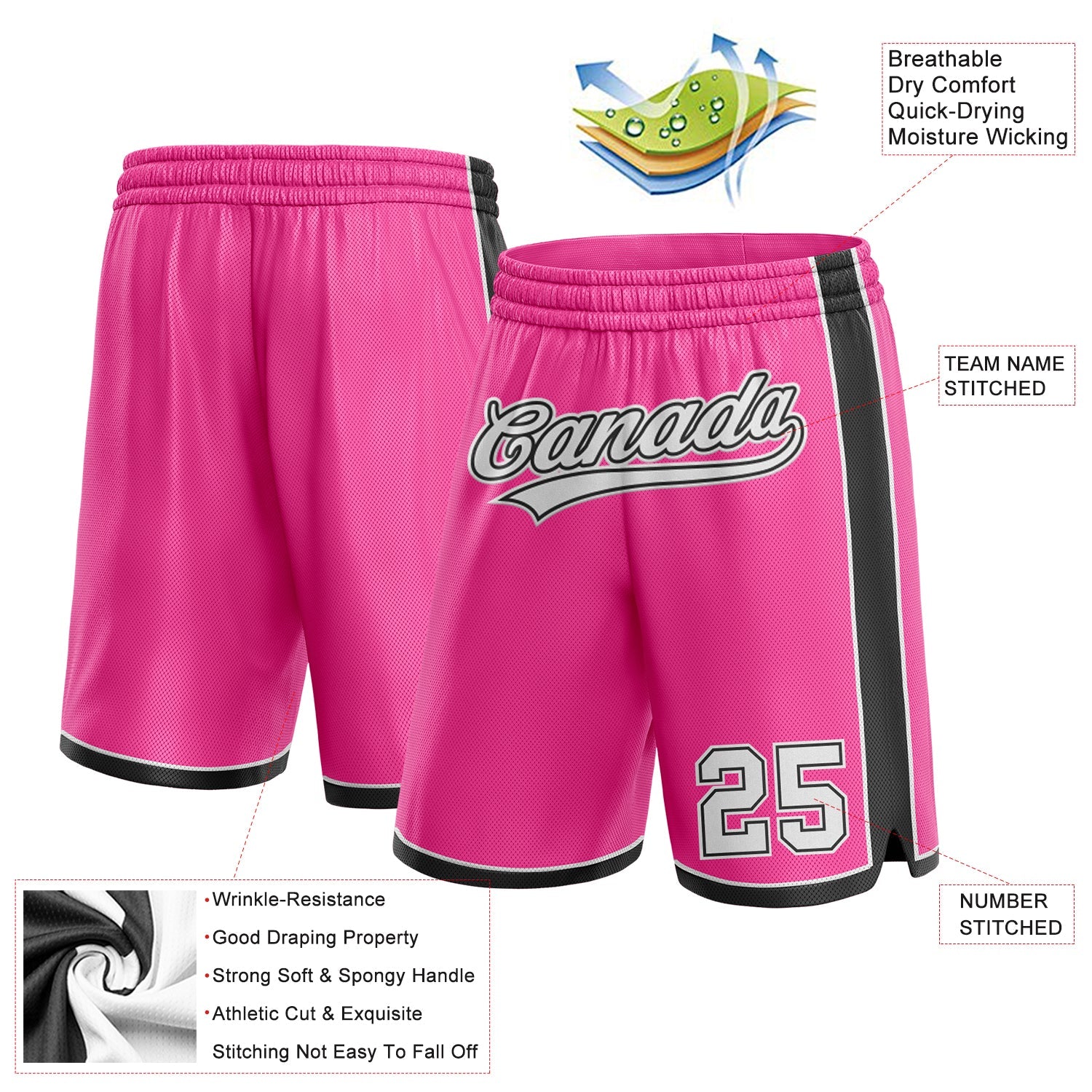 Custom Pink White-Black Authentic Basketball Shorts view 2