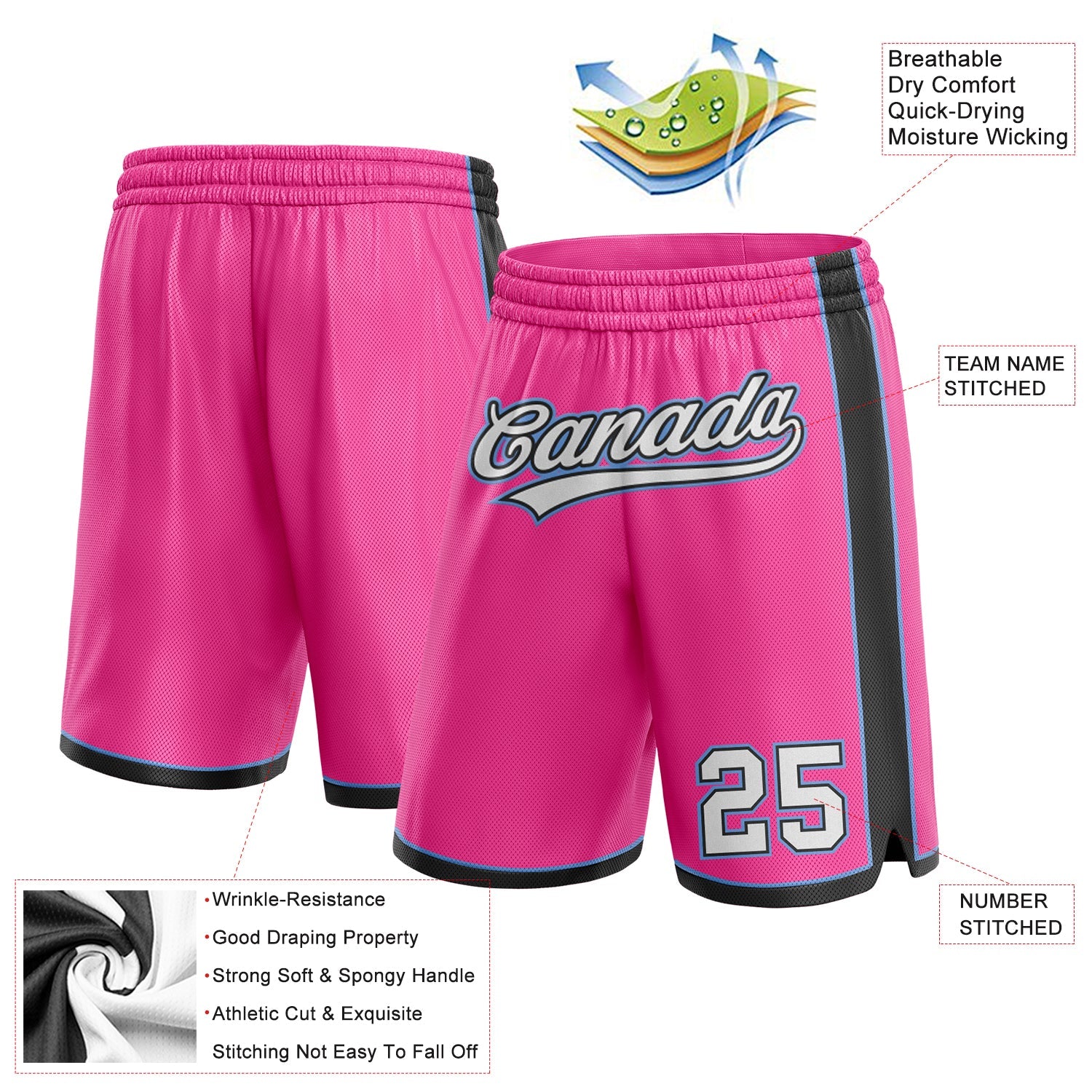 Custom Pink White Black-Light Blue Authentic Basketball Shorts view 2