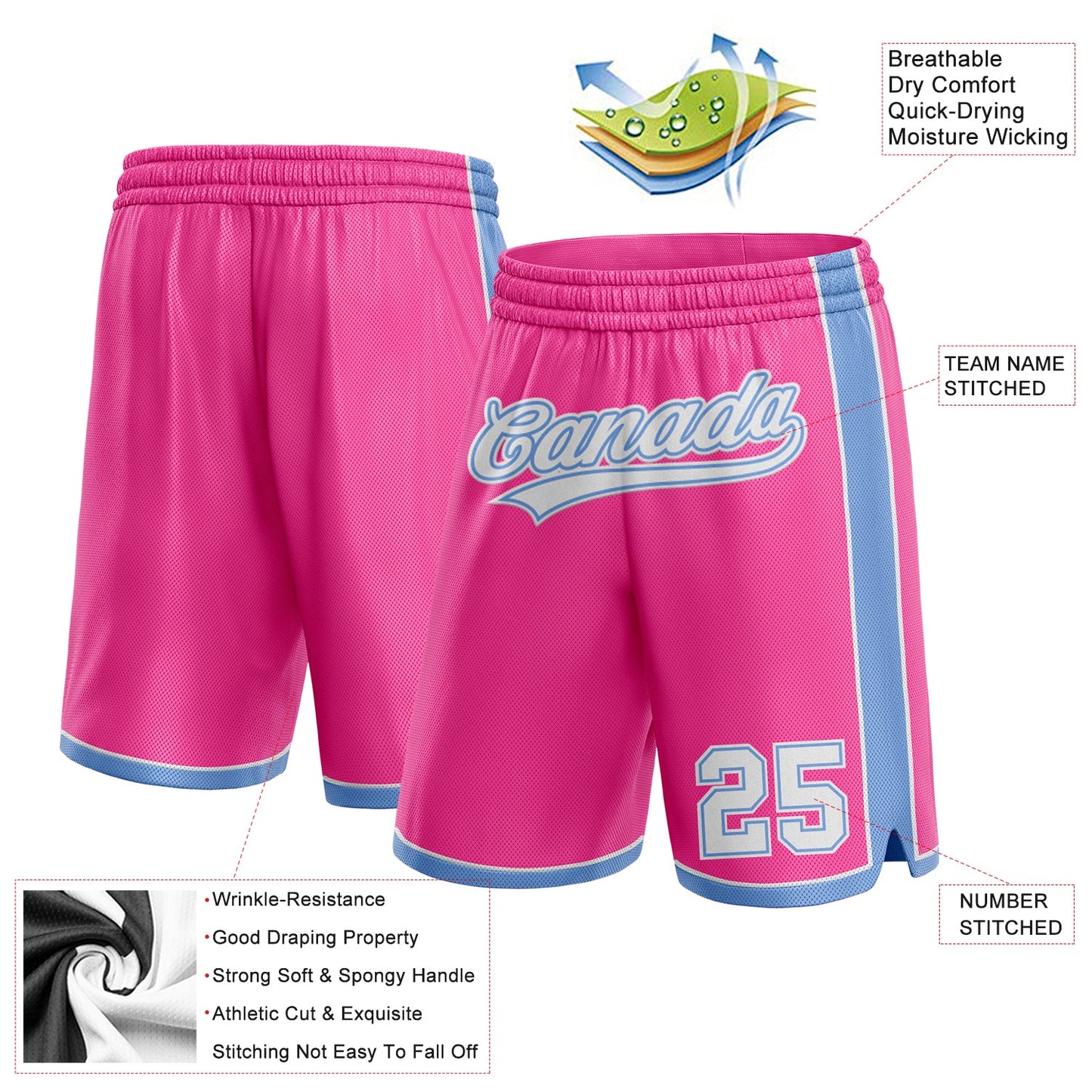 Custom Pink White-Light Blue Authentic Basketball Shorts view 2