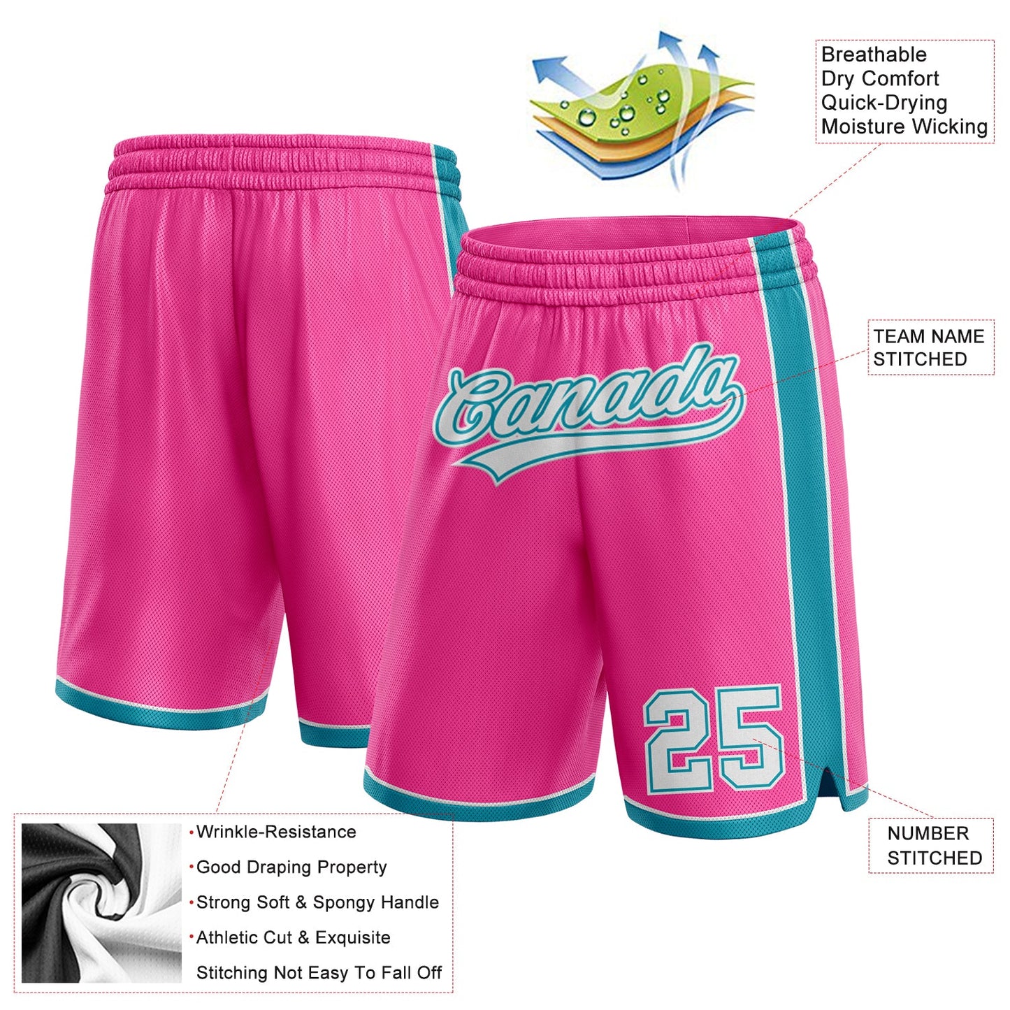 Custom Pink White-Teal Authentic Basketball Shorts view 2