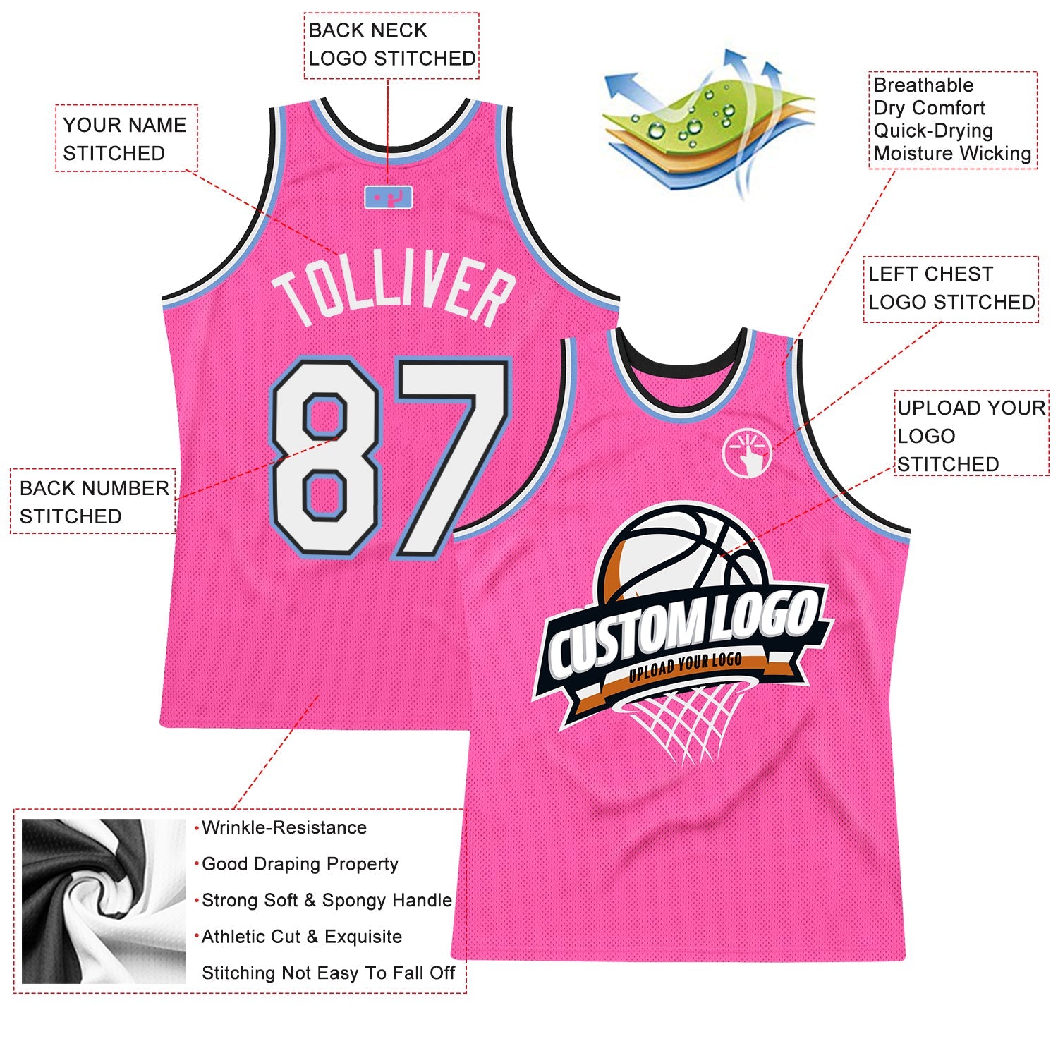 Custom Pink White Black-Light Blue Authentic Throwback Basketball Jersey view 2