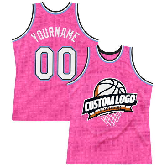 Custom Pink White Black-Light Blue Authentic Throwback Basketball Jersey - Main View