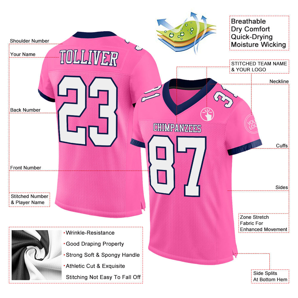 Custom Pink White-Navy Mesh Authentic Football Jersey view 2