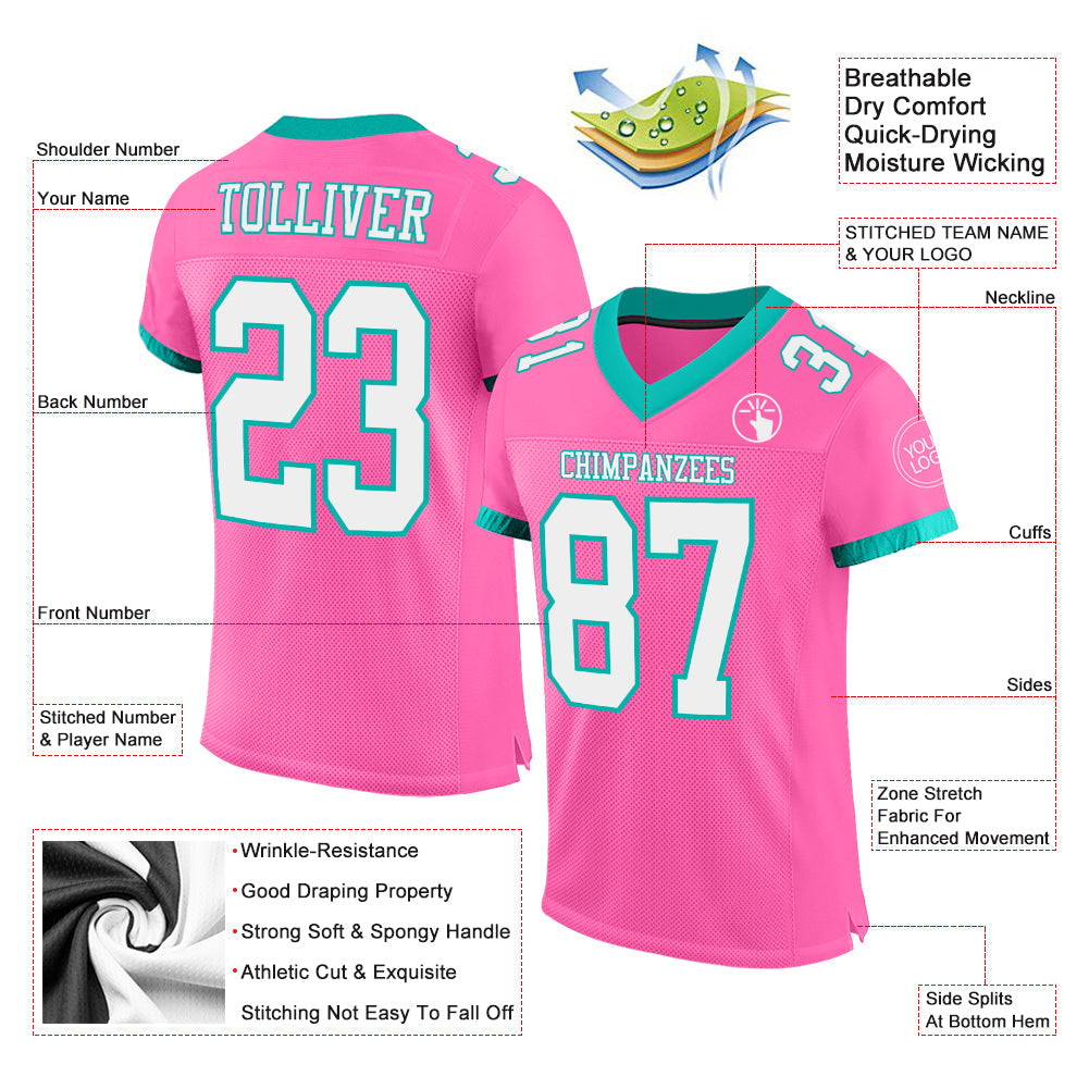 Custom Pink White-Aqua Mesh Authentic Football Jersey view 2