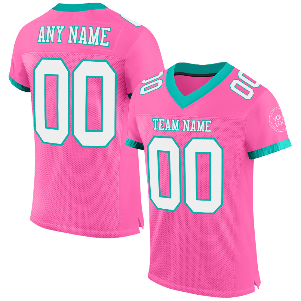 Custom Pink White-Aqua Mesh Authentic Football Jersey - Main View