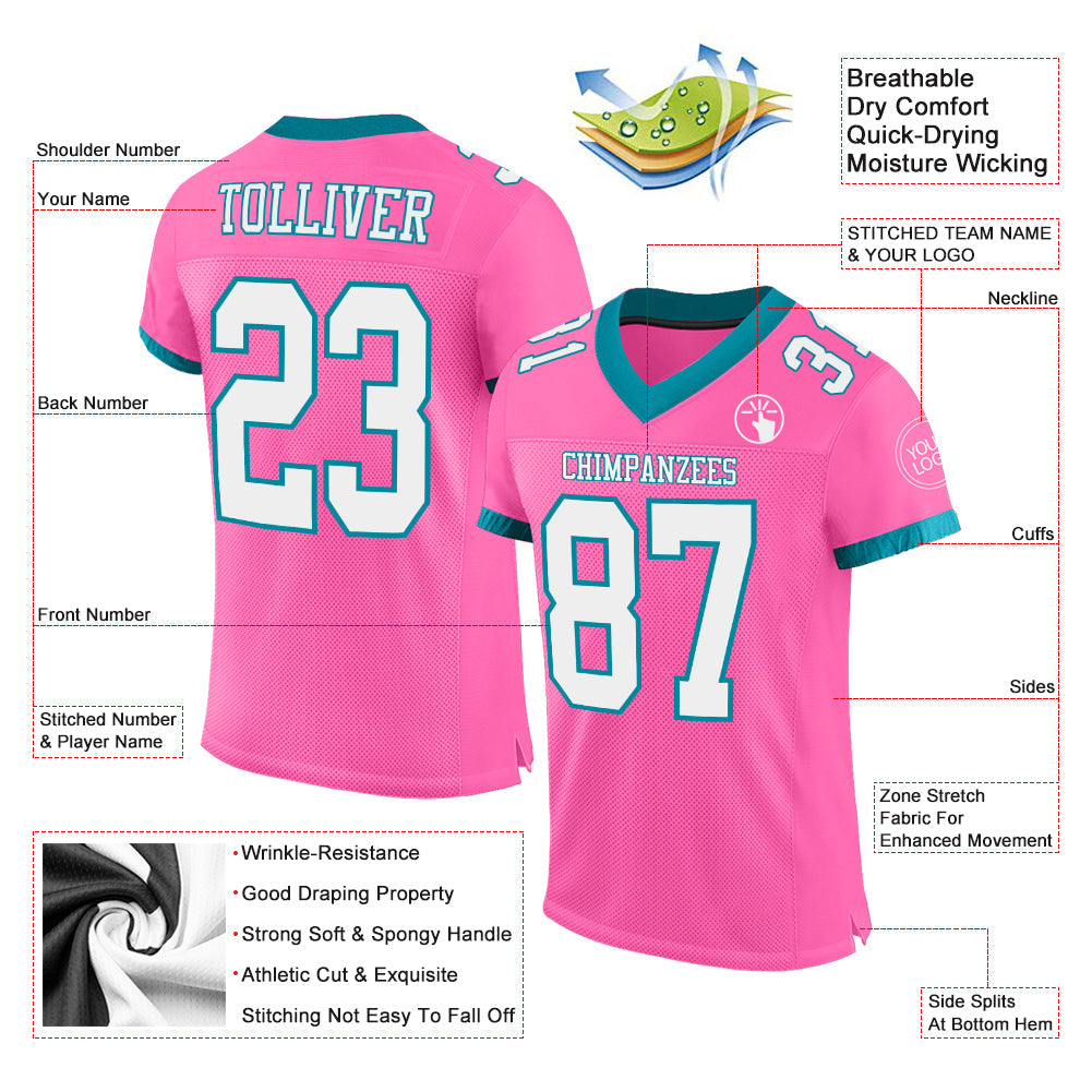 Custom Pink White-Teal Mesh Authentic Football Jersey view 2