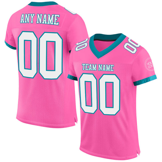 Custom Pink White-Teal Mesh Authentic Football Jersey - Main View