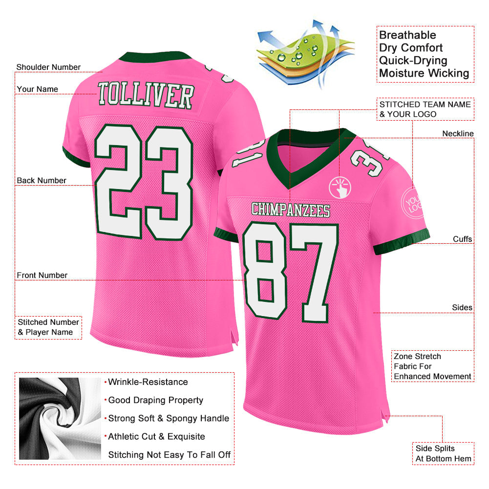 Custom Pink White-Green Mesh Authentic Football Jersey view 2