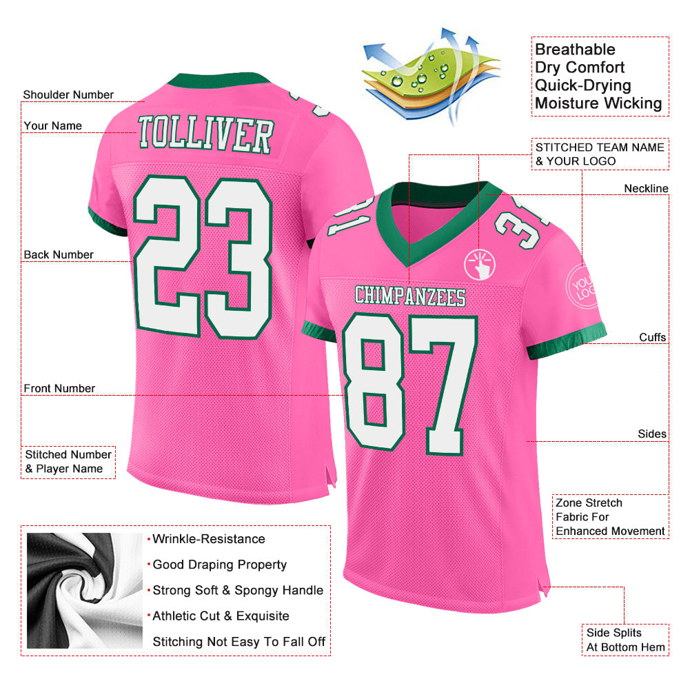 Custom Pink White-Kelly Green Mesh Authentic Football Jersey view 2