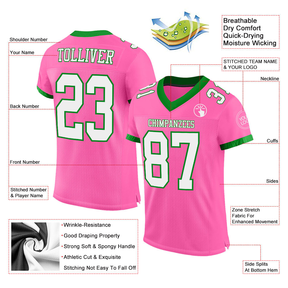 Custom Pink White-Grass Green Mesh Authentic Football Jersey view 2