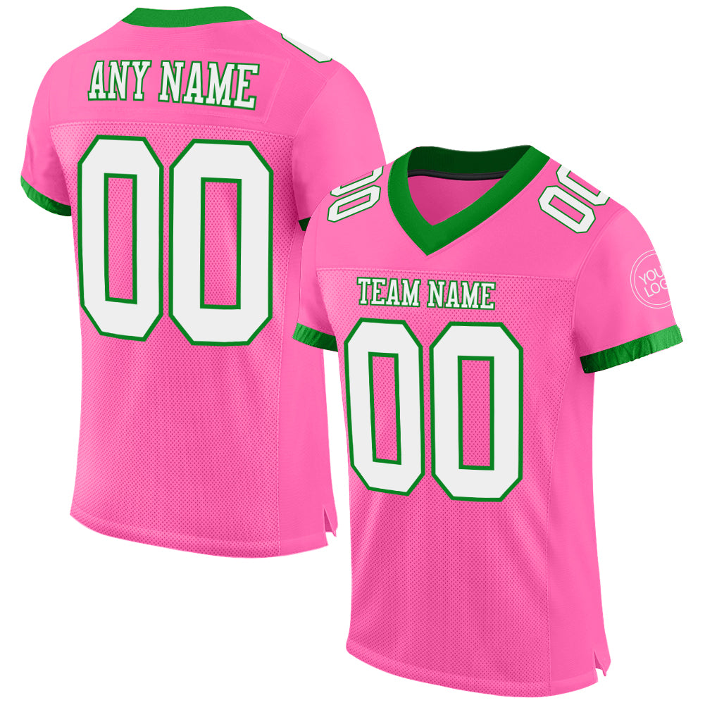 Custom Pink White-Grass Green Mesh Authentic Football Jersey - Main View