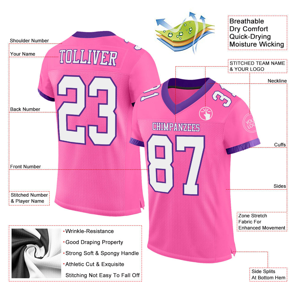 Custom Pink White-Purple Mesh Authentic Football Jersey view 2