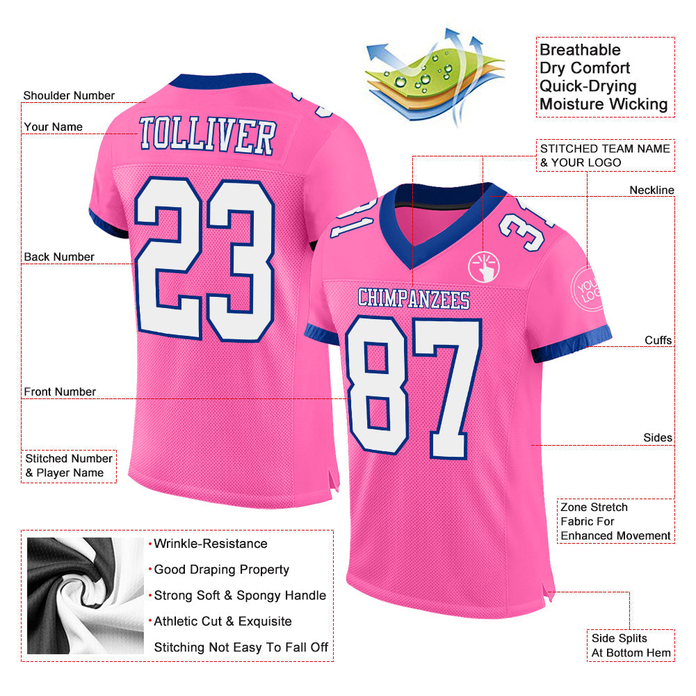 Custom Pink White-Royal Mesh Authentic Football Jersey view 2