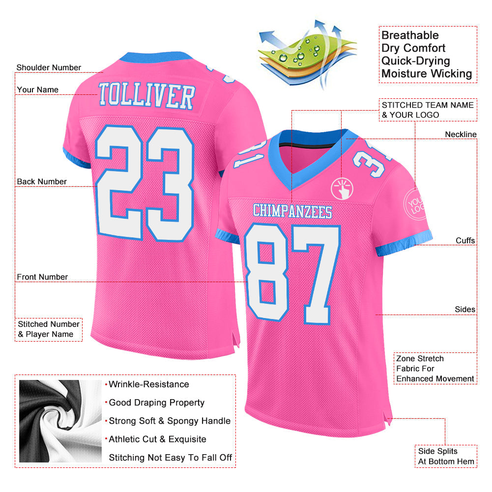Custom Pink White-Powder Blue Mesh Authentic Football Jersey view 2