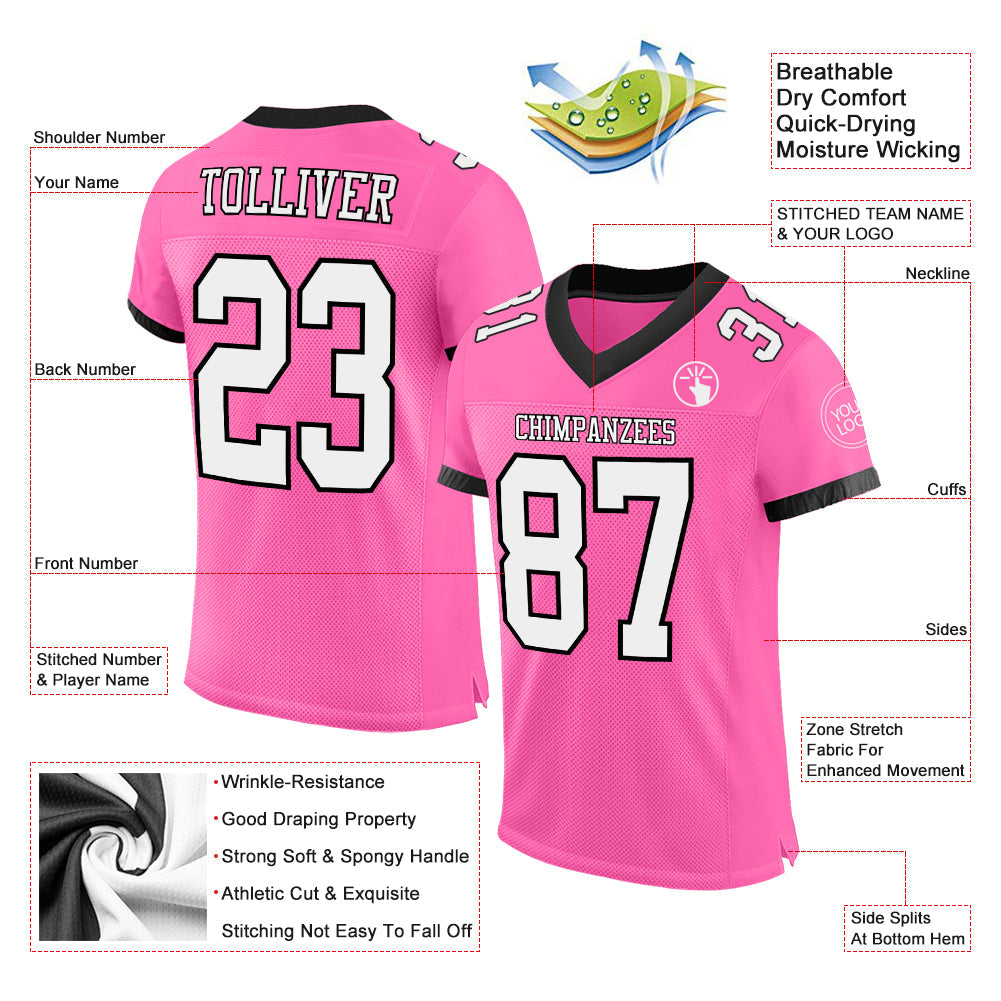 Custom Pink White-Black Mesh Authentic Football Jersey view 2