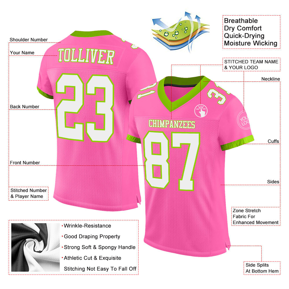 Custom Pink White-Neon Green Mesh Authentic Football Jersey view 2