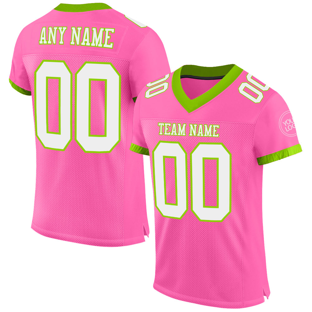 Custom Pink White-Neon Green Mesh Authentic Football Jersey - Main View
