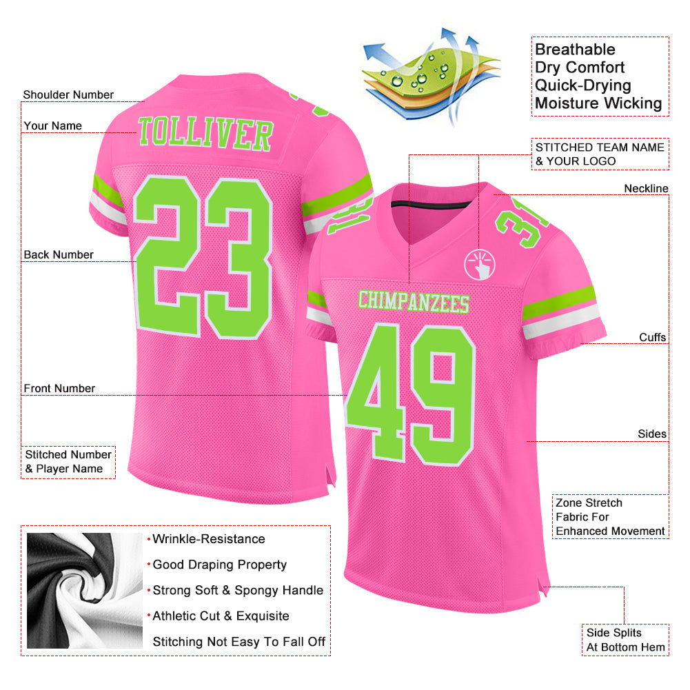 Custom Pink Neon Green-White Mesh Authentic Football Jersey view 2