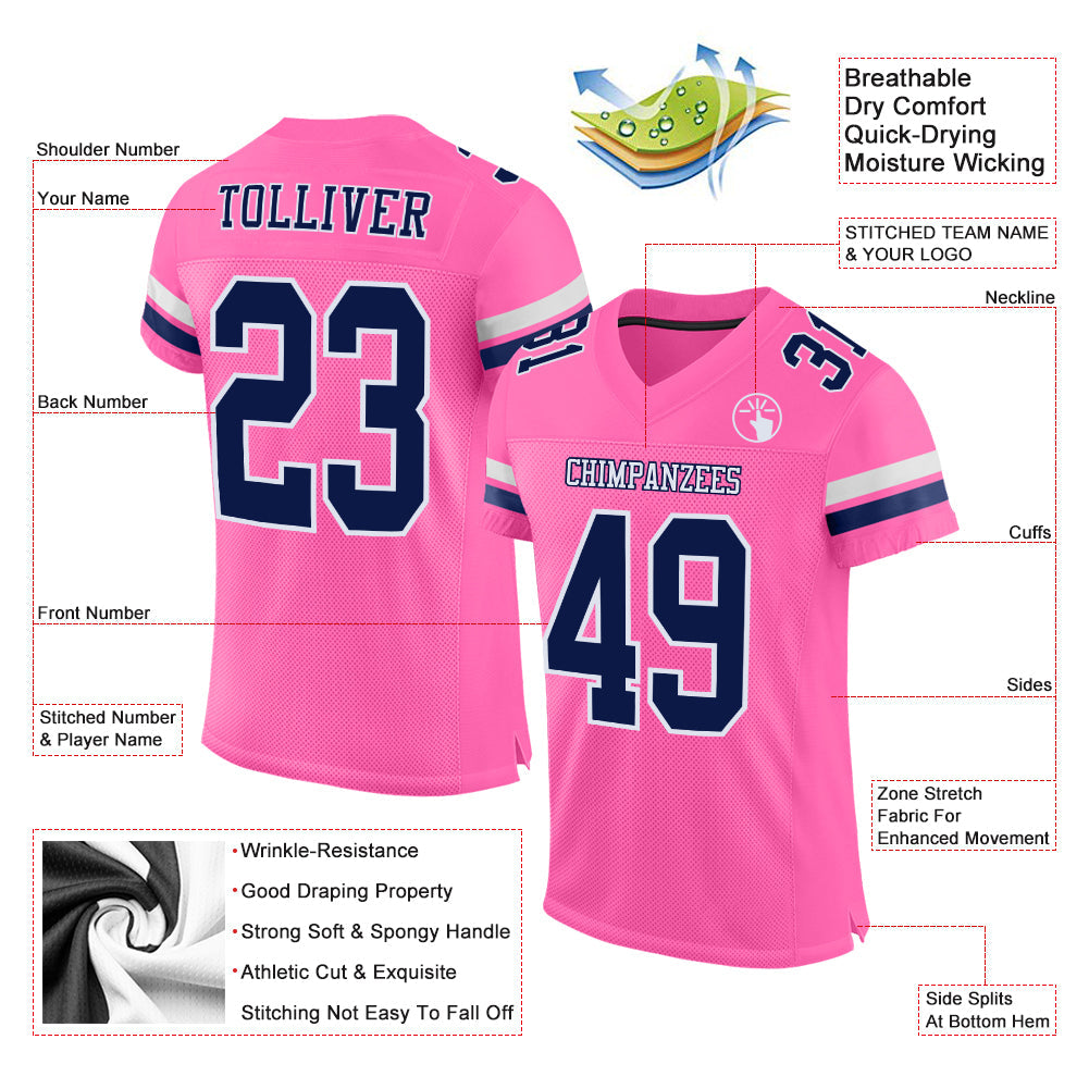 Custom Pink Navy-White Mesh Authentic Football Jersey view 2