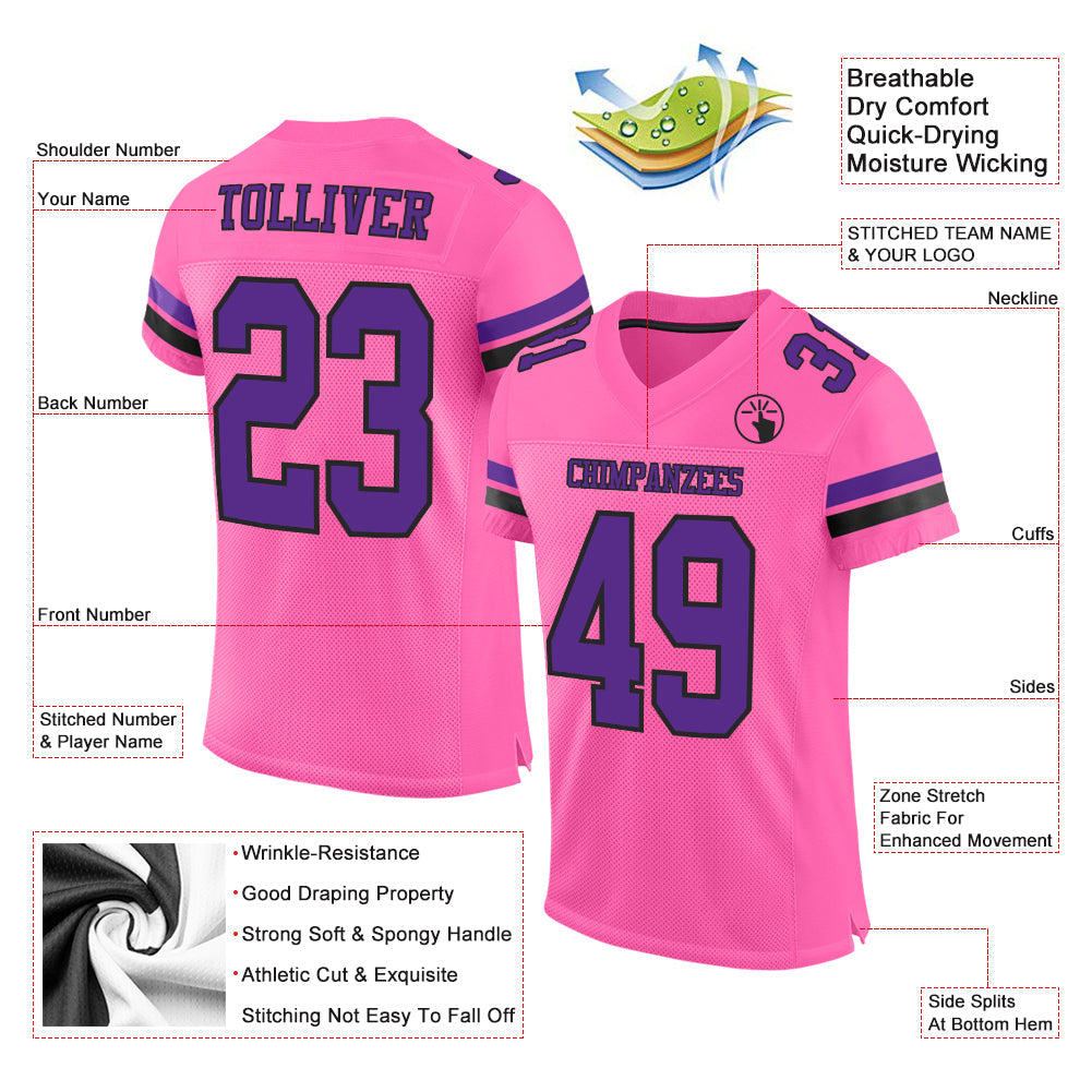 Custom Pink Purple-Black Mesh Authentic Football Jersey view 2
