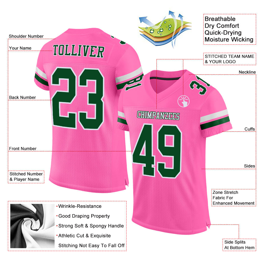 Custom Pink Green-White Mesh Authentic Football Jersey view 2