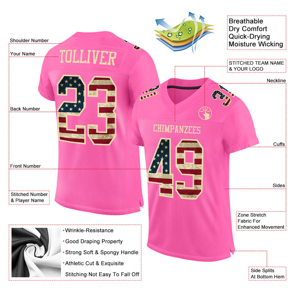 Custom Pink Vintage USA Flag-City Cream Mesh Authentic Football Jersey view 2
